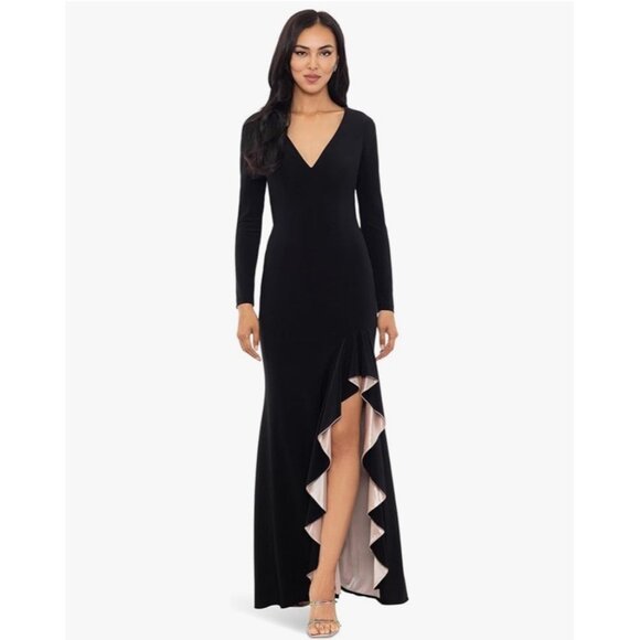 Xscape Size 12 Black Nude Evening Gown V-Neck Ruffle Slit Long Sleeve Dress Maxi - Picture 1 of 11